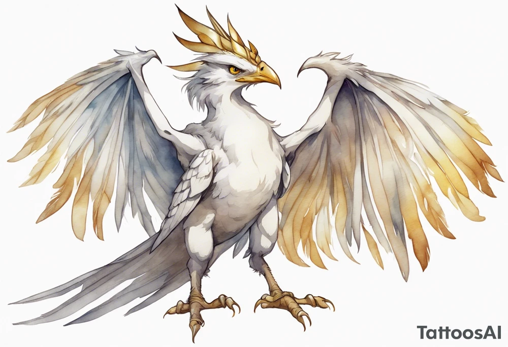 a watercolor of a white bird-wyvern hybrid wearing a plain crown, with light gold wing feathers tattoo idea