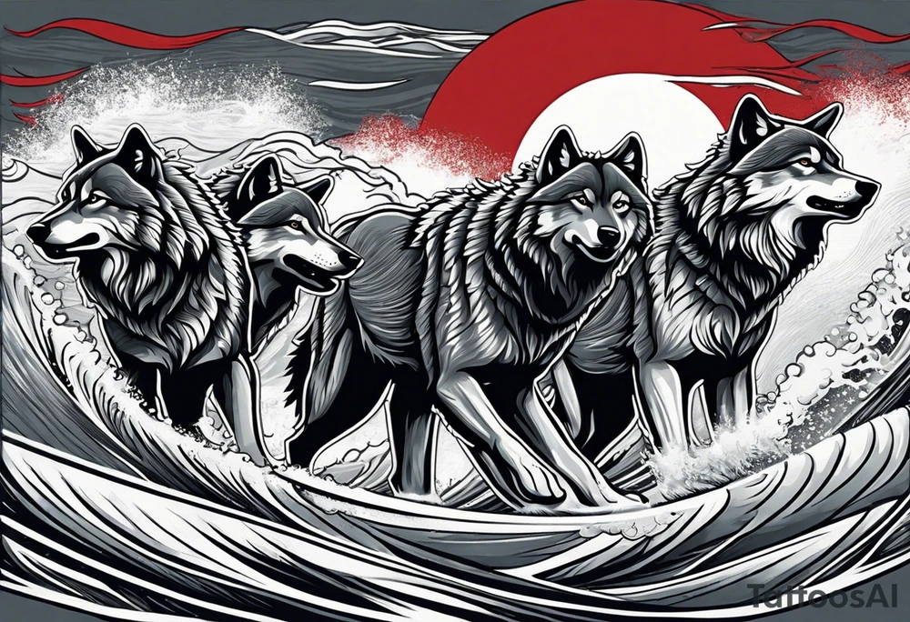 a pack of 3 howling muscular  gray wolves surfing waves with a linear background with red, white and black and gray tattoo idea
