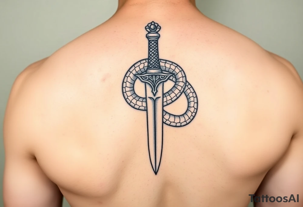 mystical snake coiled around an ancient dagger with jeweled hilt tattoo idea