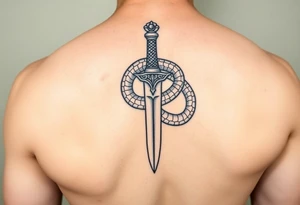 mystical snake coiled around an ancient dagger with jeweled hilt tattoo idea