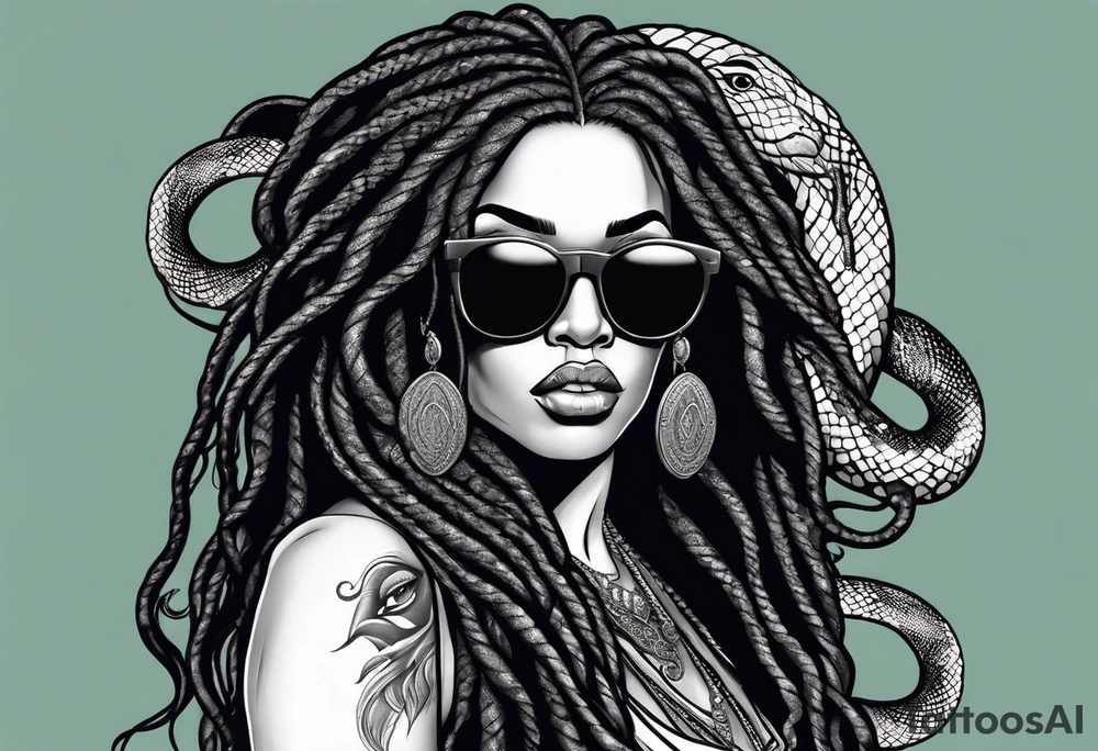 medusa as a beautiful black women with long black dreadlocks and one arm tattooed with snake skin and the other arm tattooed with marble, wearing large black sunglasses, streetwear tattoo idea