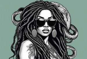 medusa as a beautiful black women with long black dreadlocks and one arm tattooed with snake skin and the other arm tattooed with marble, wearing large black sunglasses, streetwear tattoo idea