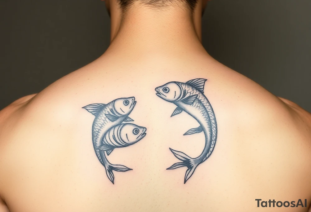 Using the letter P in “Pisces” to create tu fish swimming in different directions tattoo idea