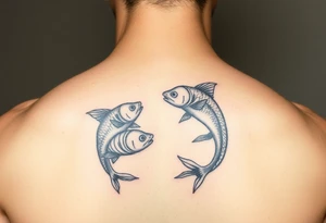 Using the letter P in “Pisces” to create tu fish swimming in different directions tattoo idea
