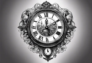 drawn a clock looks like an hourglass. they are surrounded by roman numerals. it is a black and white tattoo for the right shoulder of a man tattoo idea