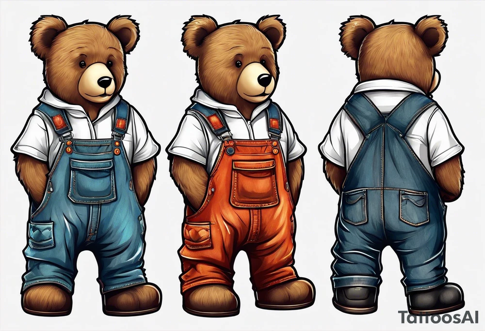 standing teddy bear in overalls and boots from behind tattoo idea