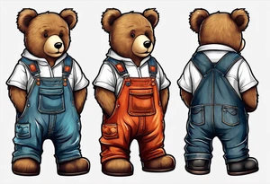 standing teddy bear in overalls and boots from behind tattoo idea