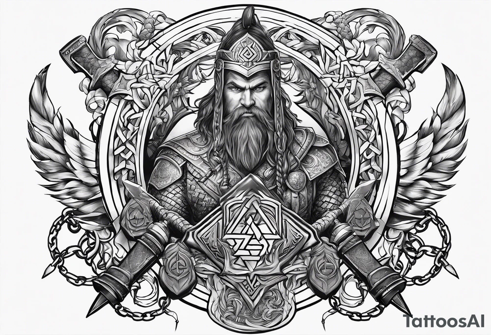 Valhalla sword round axe Valknut steps fire chains tattoo idea Valhalla sword round axe Valknut steps fire chains tattoo idea