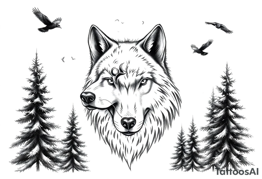 Wolf head surrounded by large pine trees and small ravens flying overhead tattoo idea