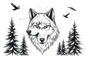 Wolf head surrounded by large pine trees and small ravens flying overhead tattoo idea