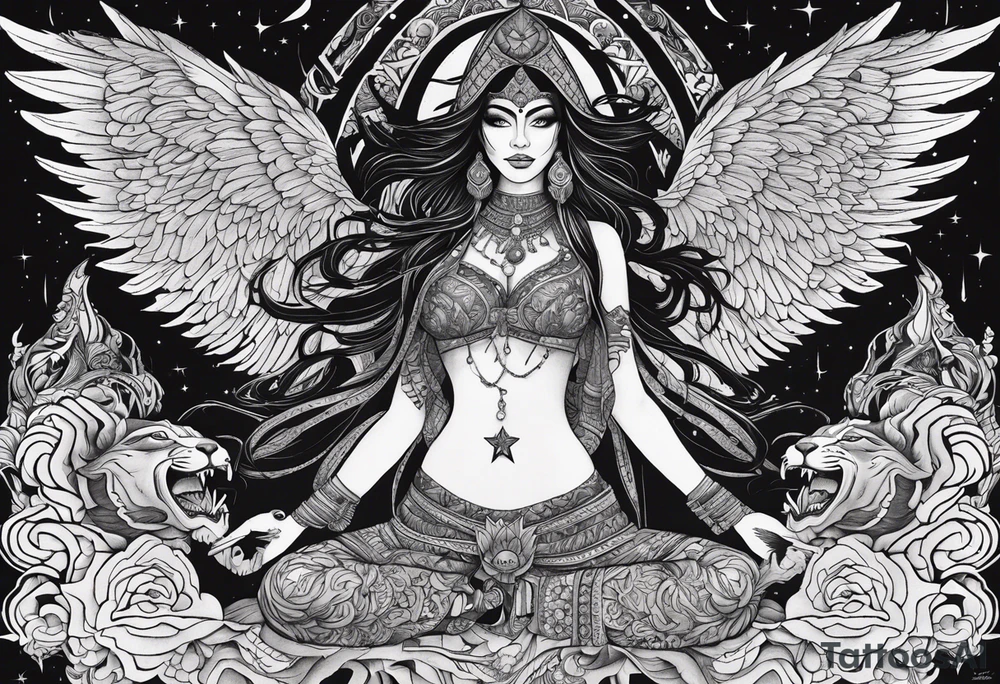 black kali, goddess pirate, alien, angel, pachamama, valkrye, warrior, flying, skull, lotus azul, wing, eagle, zenza resonance, stars, 5D, anahata chakra, death, durga, riding on a tiger, flying lady, chest tatoo tattoo idea