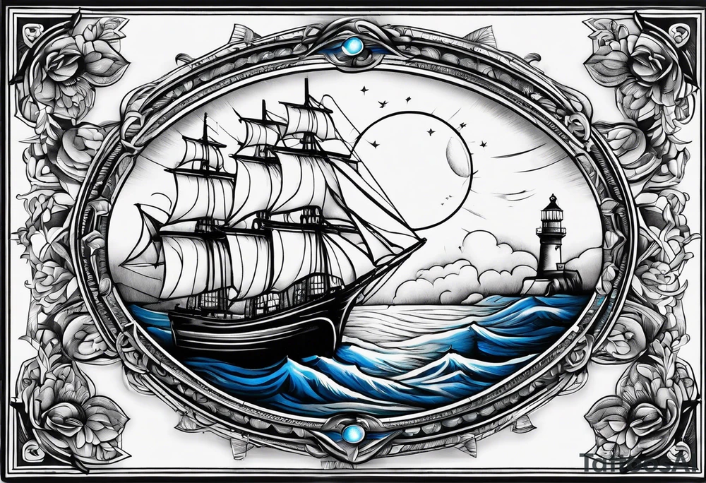 bateau, phare maritime et lune bleu tattoo idea
