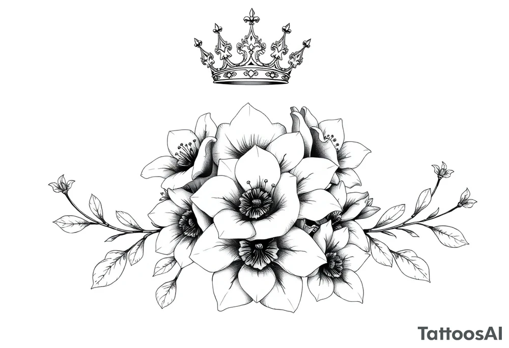 detailed beautiful gothic boho flowers on vine with gorgeous crown ornamental tattoo idea