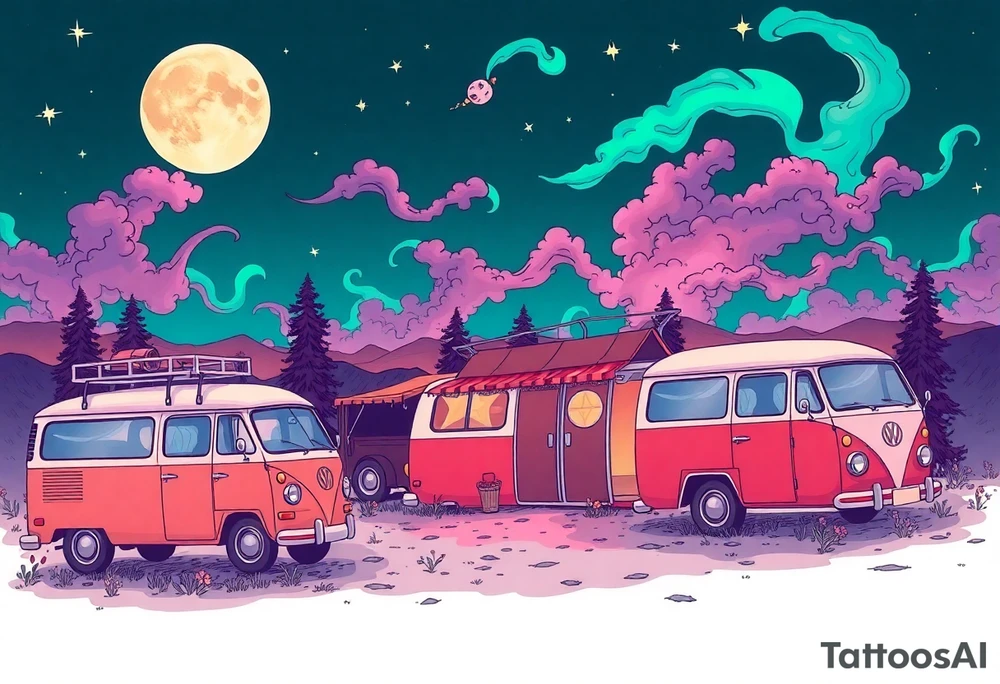 Tim Burton’s hippie commune outside view has lots of cute pastel volkswagon vans and cars  and dripping with muted reds, dusty pinks, and eerie green glow purple and cyan smokey clouds swirl and dance in the moonlit night sky filled with twinkling stars  tattoo idea tattoo idea
