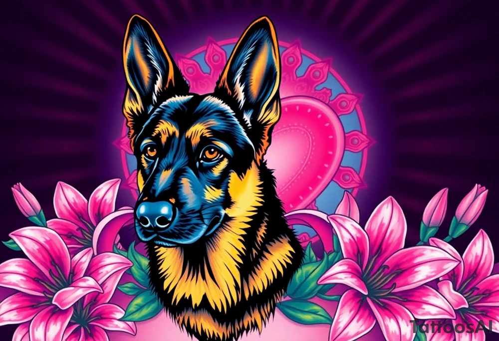 realistic german shepherd with alert ears looking protective surrounded by pink lilies with leaves in front of a sacred heart tattoo idea