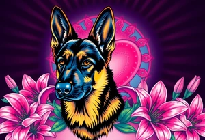 realistic german shepherd with alert ears looking protective surrounded by pink lilies with leaves in front of a sacred heart tattoo idea