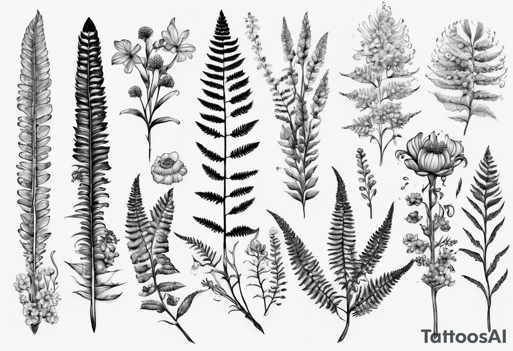 Sword fern and Vancouver island wildflowers tattoo idea