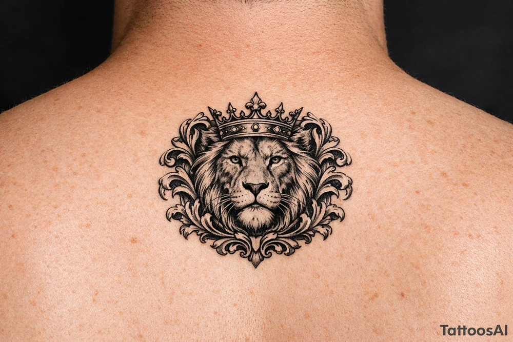 powerful majestic lion with a crown, framed by ornate floral scrollwork tattoo idea