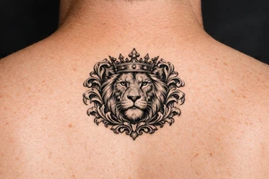 powerful majestic lion with a crown, framed by ornate floral scrollwork tattoo idea