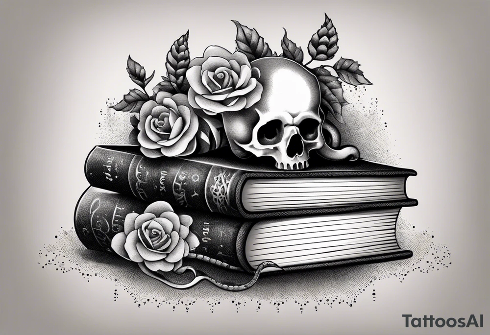 feminine stipple whip tattoo of stacked books and flowers with a snake and skull tattoo idea