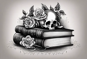 feminine stipple whip tattoo of stacked books and flowers with a snake and skull tattoo idea