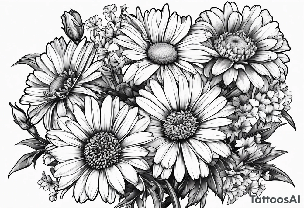 bouquet of daisy, aster, and carnations with stems tattoo idea
