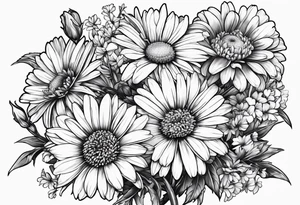 bouquet of daisy, aster, and carnations with stems tattoo idea
