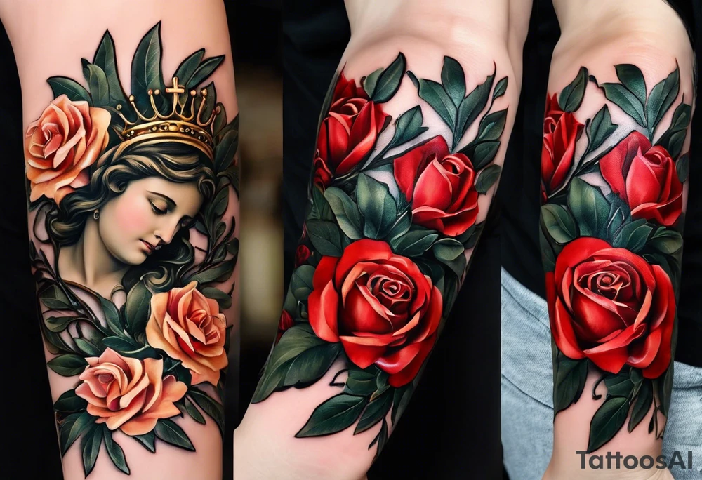 this ins meant to be a collage style that will cover the forearm from the wrist to elbow. Give me an olive branch on wirst at bottom shaped like a manura lamp. A cross above that with smallers olive and rose branches and roses arount it with a crown above the cross on bothe sides small hebrew letters that say king of glory and the other says yeshua messiah in hebrew . Not too many roses. Only black and white. I don;t want mary on no red on roeses tattoo idea