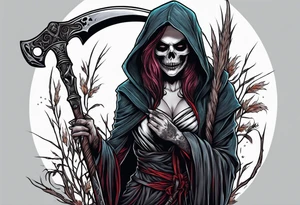 A female werewolf grim reaper holding a scythe tattoo idea