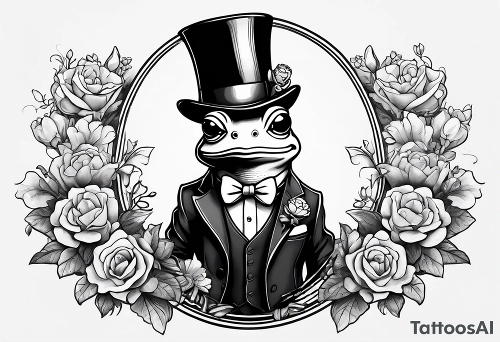 Cute Frog standing on back legs  in a top hat and a formal suit holding flowers to go on a date tattoo idea