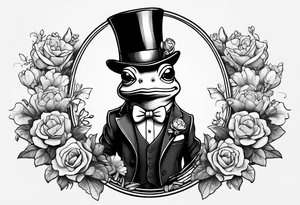 Cute Frog standing on back legs  in a top hat and a formal suit holding flowers to go on a date tattoo idea