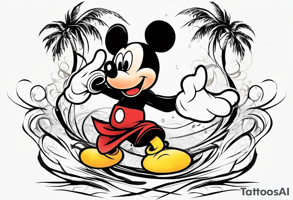 mickey mouse doing martial arts with palm trees, lightning storm and the celtic symbol for family tattoo idea