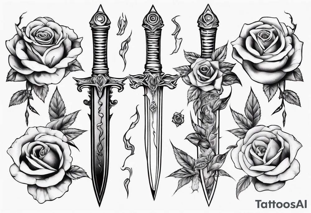 Dagger surrounded by roses tattoo idea