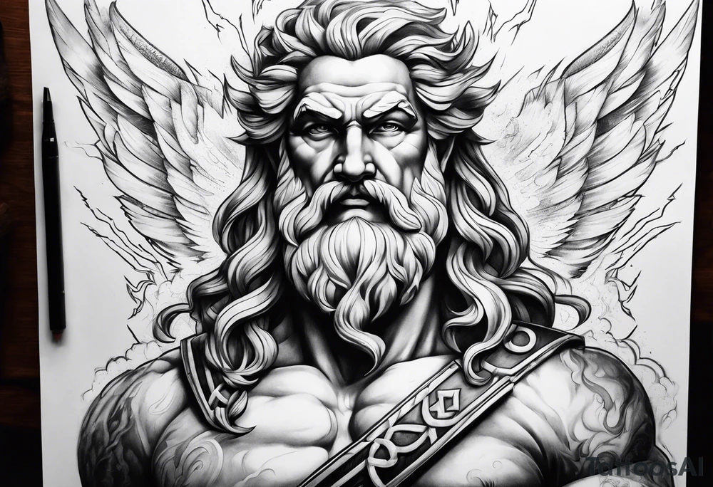 Realistic Zeus with lightning bolt tattoo idea