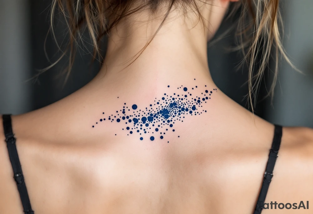 A dotwork-style wave in dark blue ink spans the back of the neck subtly. tattoo idea