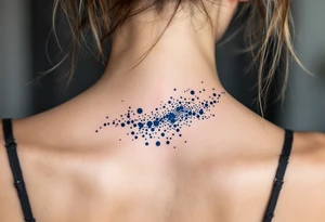 A dotwork-style wave in dark blue ink spans the back of the neck subtly. tattoo idea