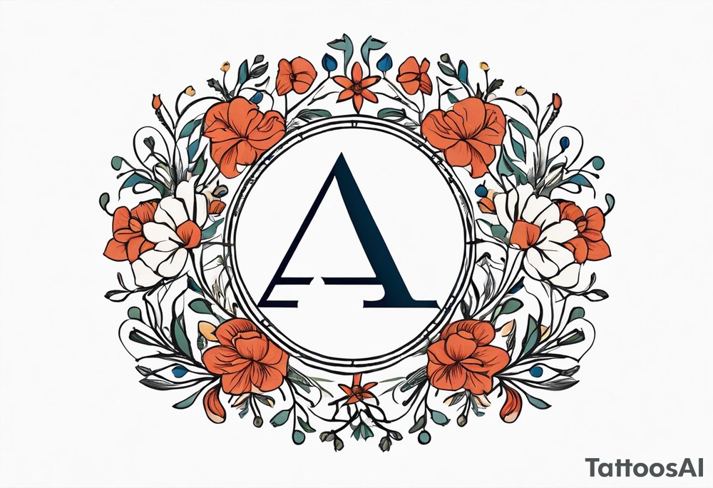 A greek letter delta, inside an ornamental circle. The circle is made from elements of chain, rope, flowers. Simplistic and subtle style. tattoo idea