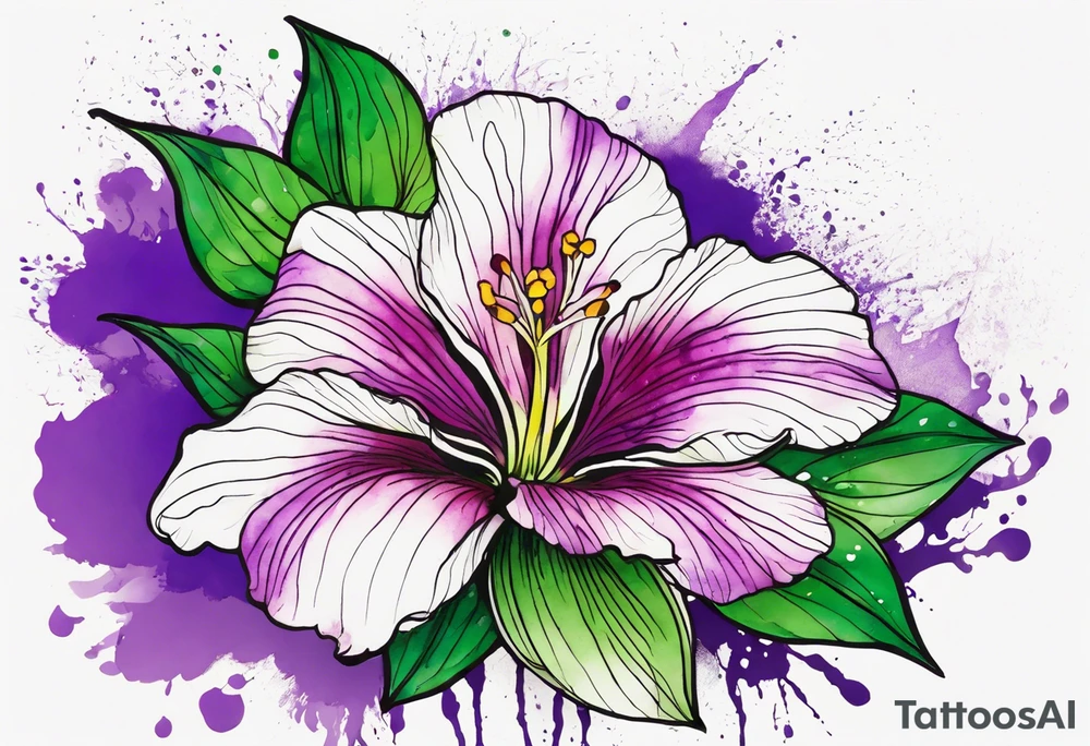 An outline of a rio dipladenia flower with a green and purple watercolor splash in the background tattoo idea