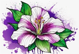 An outline of a rio dipladenia flower with a green and purple watercolor splash in the background tattoo idea