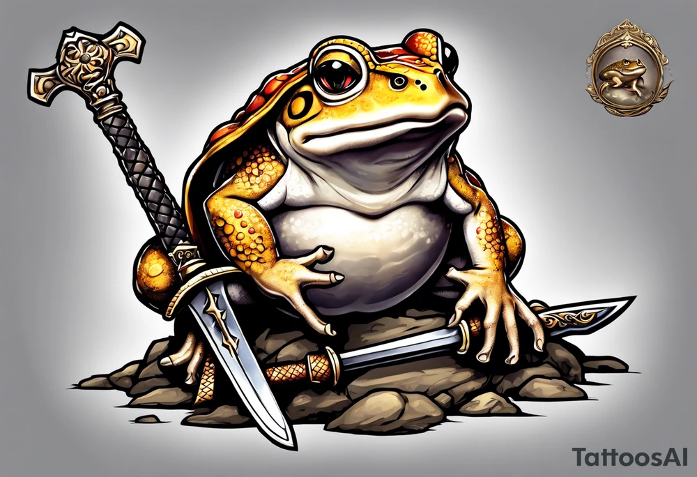 toad with sword; sword s¡is pointing down(sword stuck in the ground) as if the toad was standing; no clothes tattoo idea