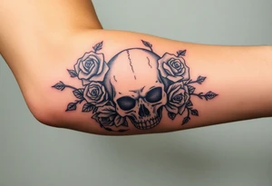 gothic skull intertwined with climbing roses and thorny vines tattoo idea