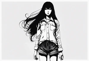 portrait of tomie standing up a character by the horror manga author junji ito full body standing murderously. add more horror and gore elements tattoo idea