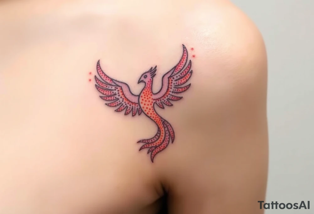 Square, phoenix rising from fire with both wings opened, colors red, pink, orange and purple. tattoo idea