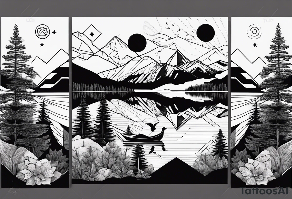 Geometric nature tattoo with moutains, lake, forest, birds and a moon. Should fit on all the forearm. tattoo idea