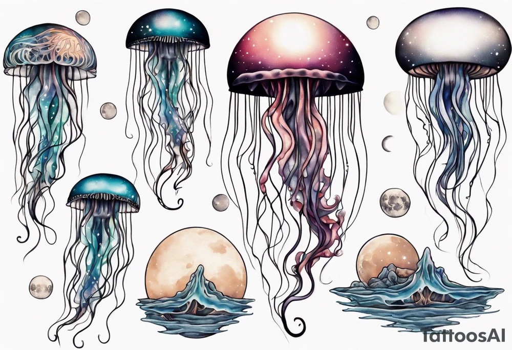 1 jellyfish swimming in front of the moon tattoo idea