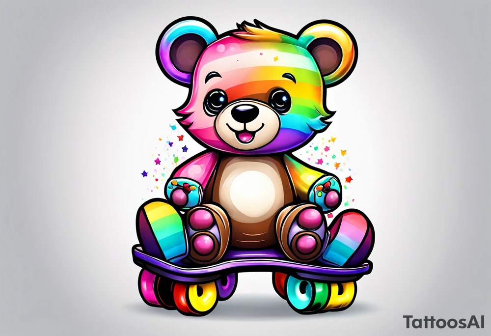 a teddy bear, wearing cute, pastel rainbow roller skates tattoo idea