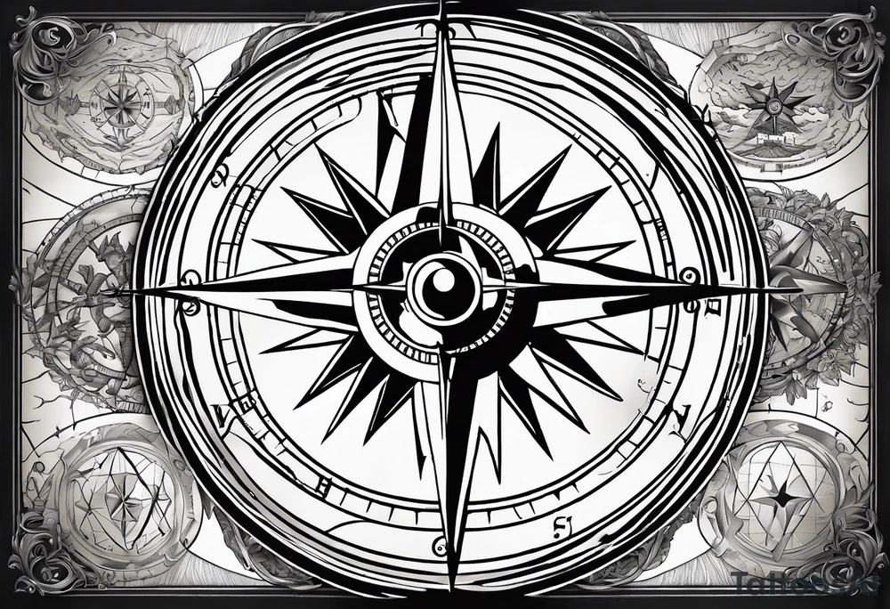 Simple Nautical compass with New Zealand map outline behind it and southern cross tattoo idea