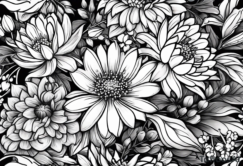 Asters, roses, lily of the valley, and chrysanthemums in a long line tattoo idea