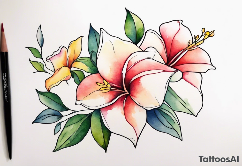 white background, abstract mandevilla flowers on a vine, part of it watercolor, part of it just line work tattoo idea