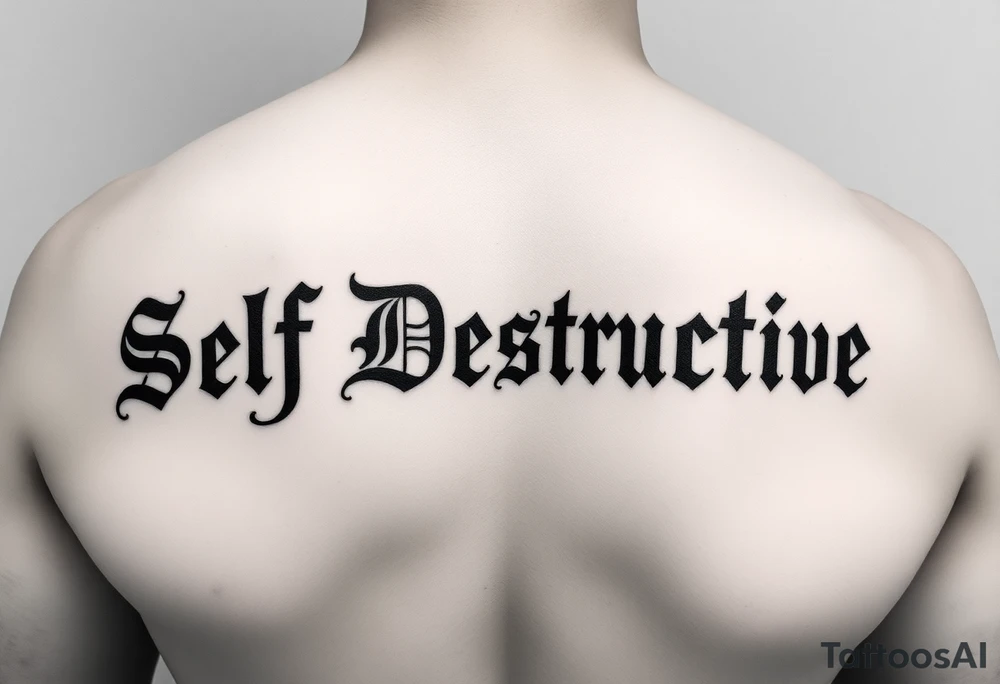 The words Self Destructive in a Chicano/old english lettering across the chest tattoo idea
